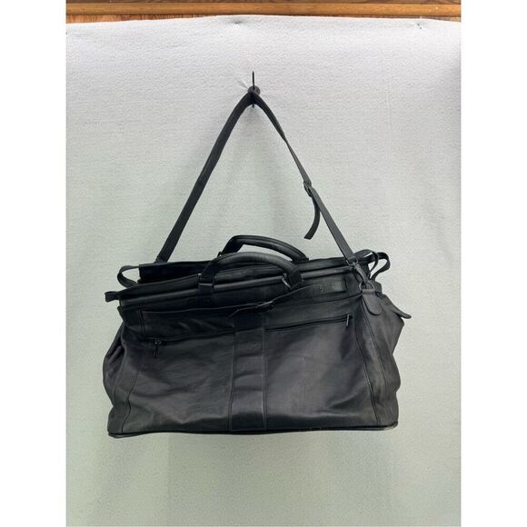 Unbranded Top Grain Leather Black Buckled Carpet Bag Duffle Bag - Picture 7 of 10